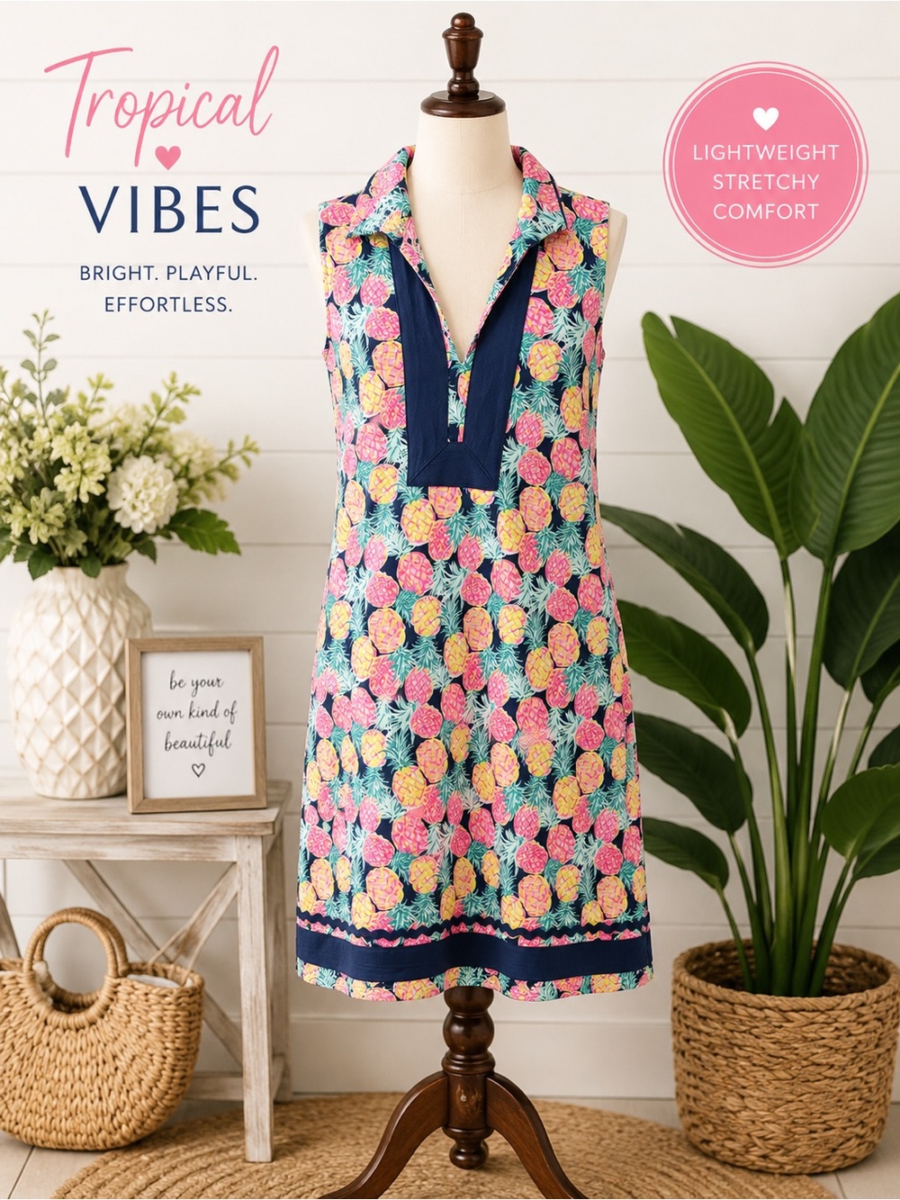 Simply Southern Navy Tropical Pineapple Print Sleeveless Midi Dress - Picture 6 of 7